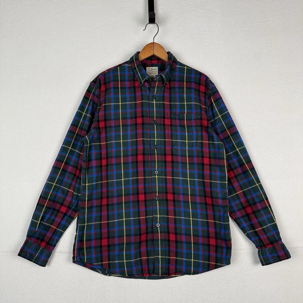L.L. Bean Men's Scotch Plaid Flannel Shirt‎ M Slightly Fitted Green Blue Red